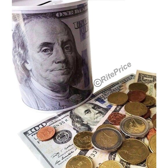 Ben Franklin $100 Bill Money Coin Saver Tin Money Savings 6" Piggy Bank (1 Pack) - Picture 9 of 9